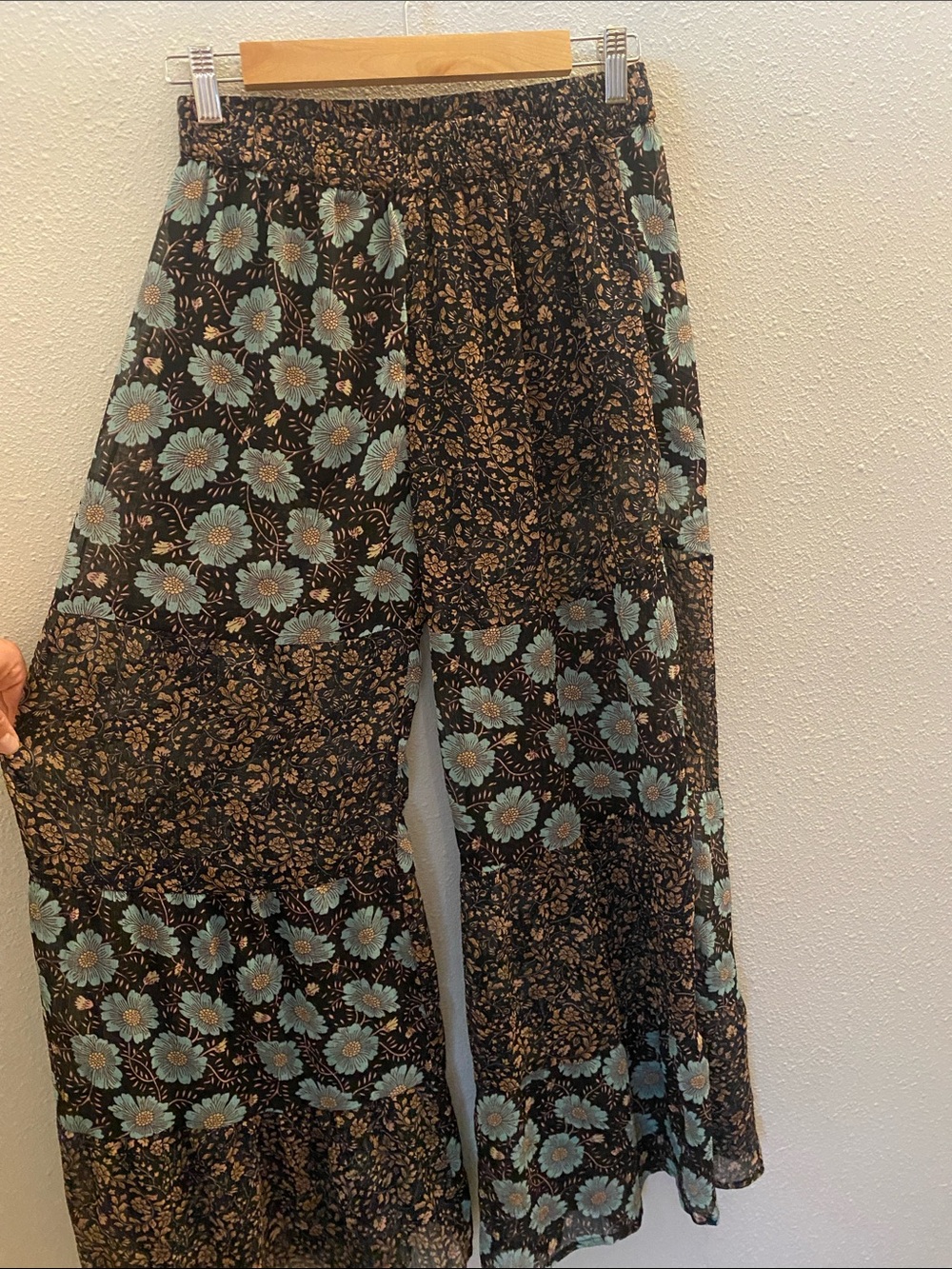 EARTHBOUND Black Wide-Leg Floral Patchwork Pants with Teal Flowers